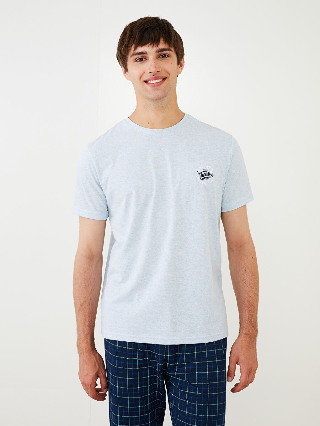 Mavi Standart Kalıp Ekose Erkek Pijama Takımı-4