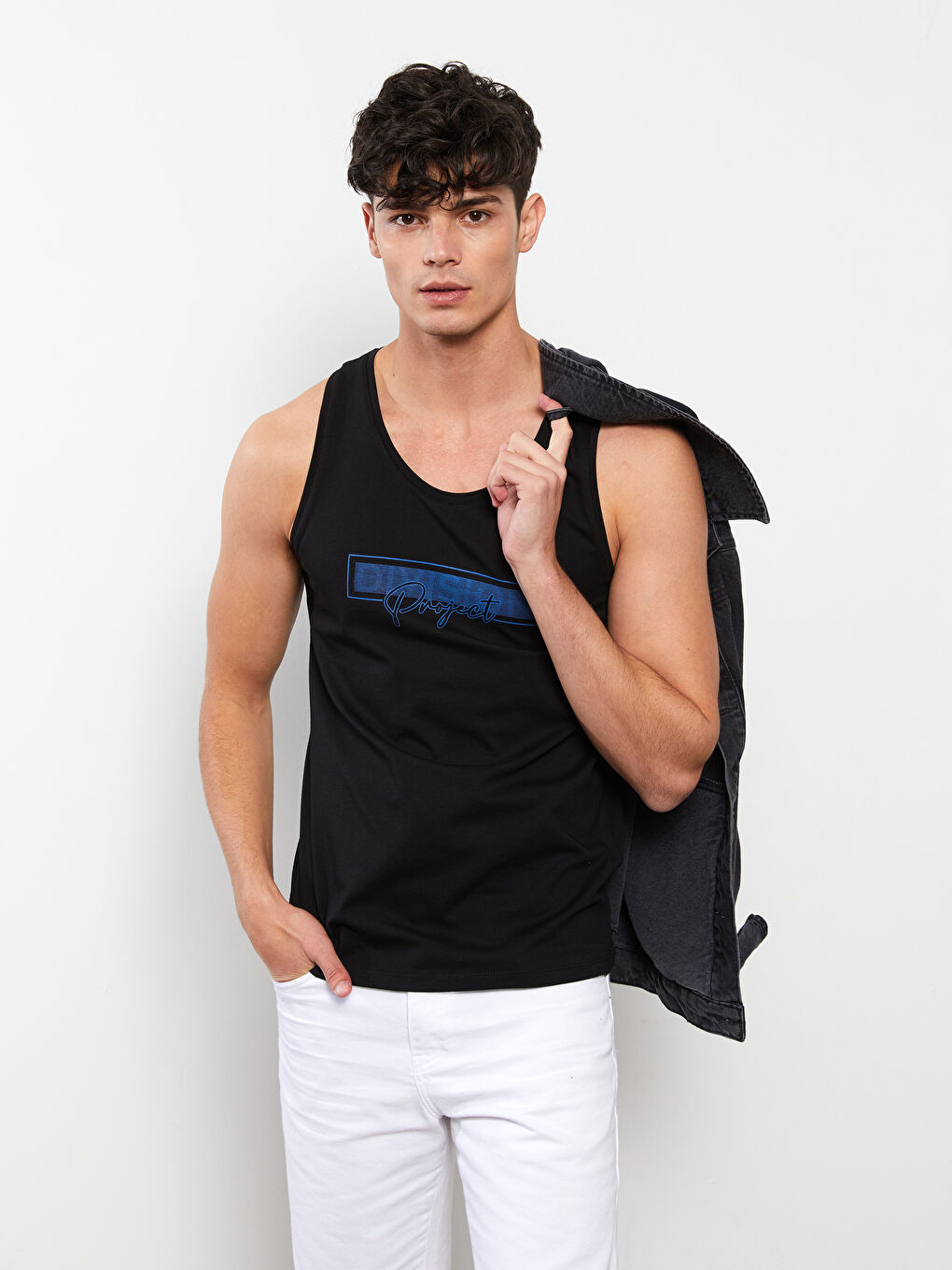 Siyah Bisiklet Yaka Baskılı Penye Erkek Kolsuz Tişört