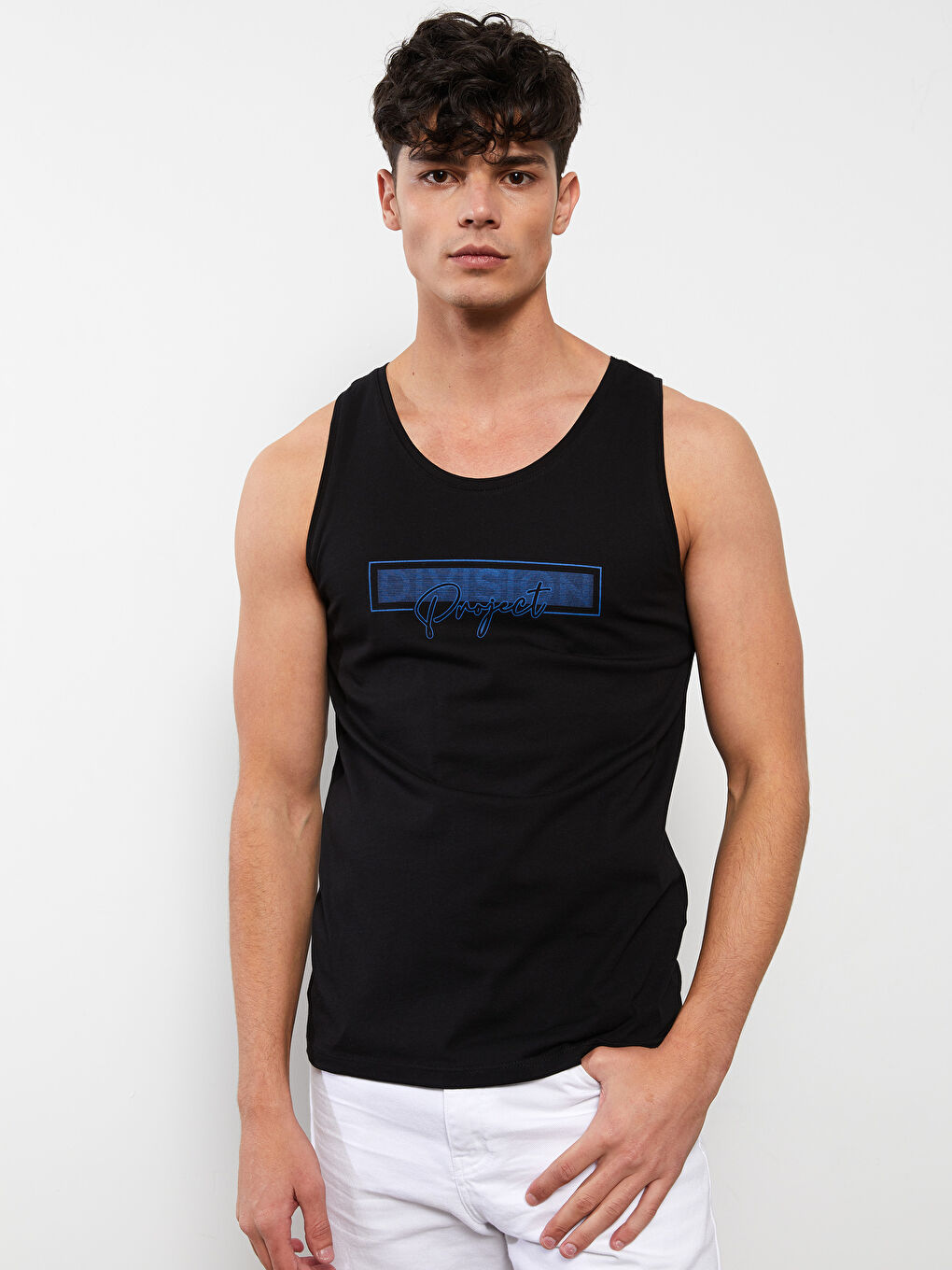 Siyah Bisiklet Yaka Baskılı Penye Erkek Kolsuz Tişört-1