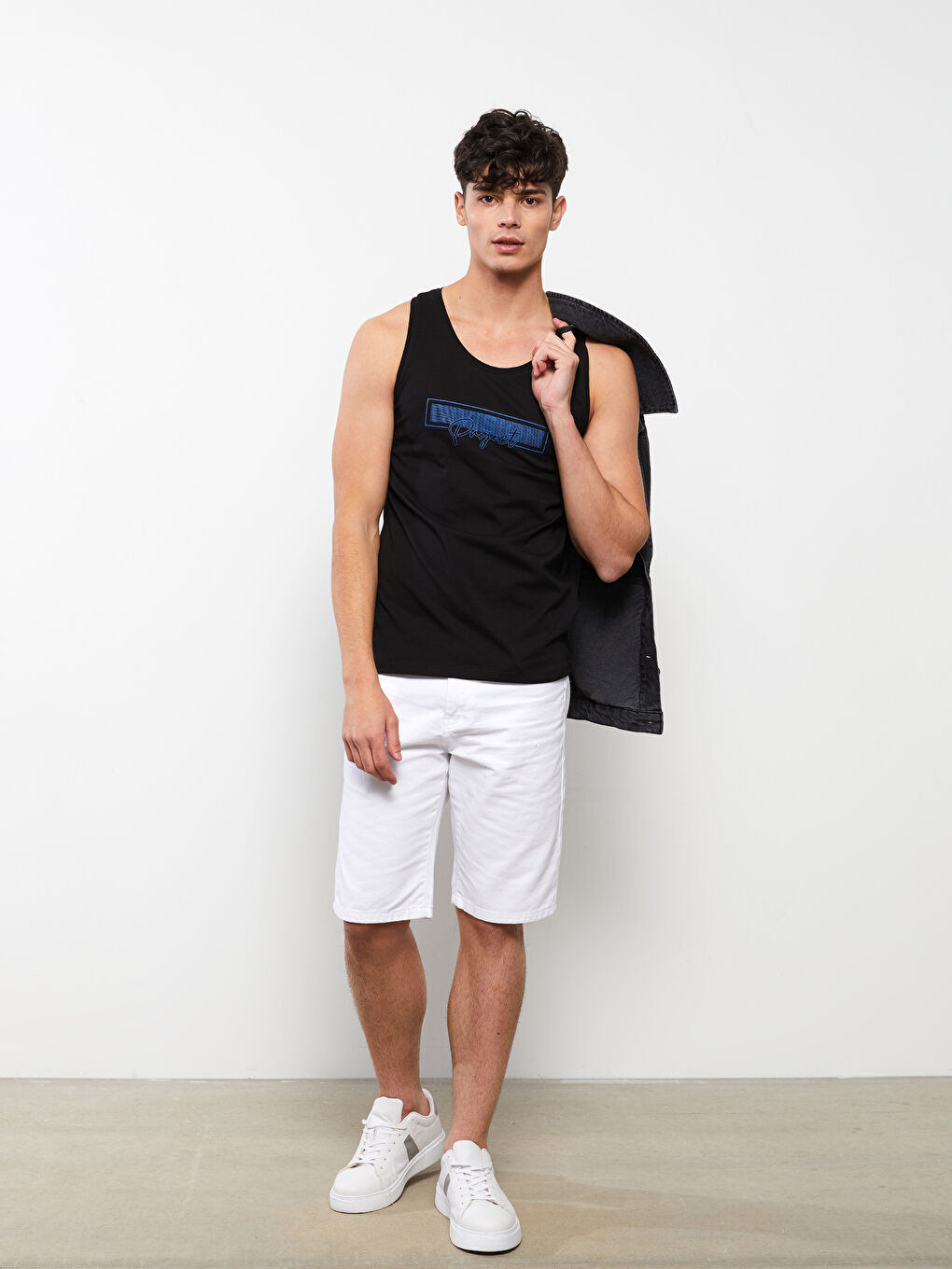 Siyah Bisiklet Yaka Baskılı Penye Erkek Kolsuz Tişört-2