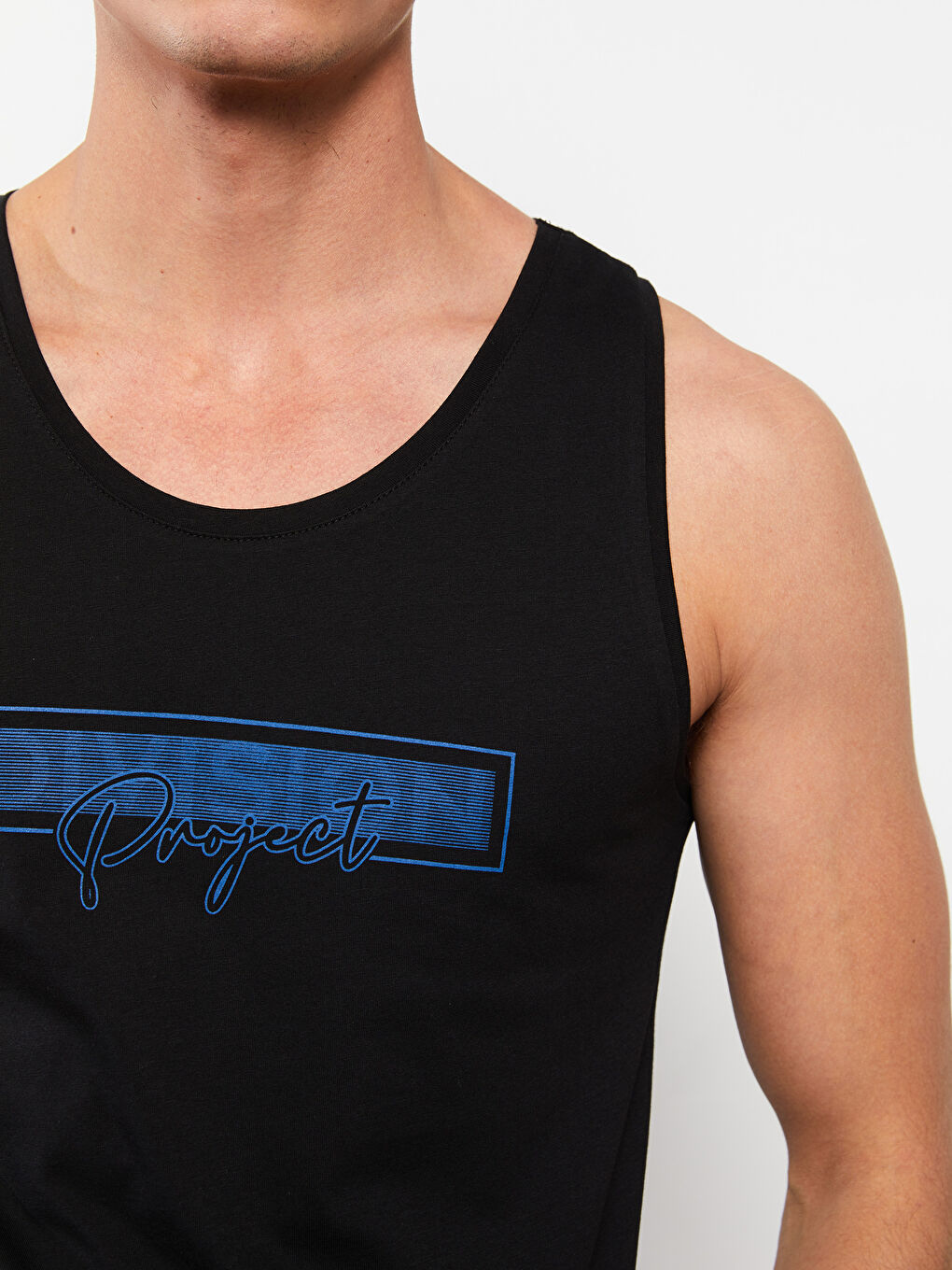 Siyah Bisiklet Yaka Baskılı Penye Erkek Kolsuz Tişört-3