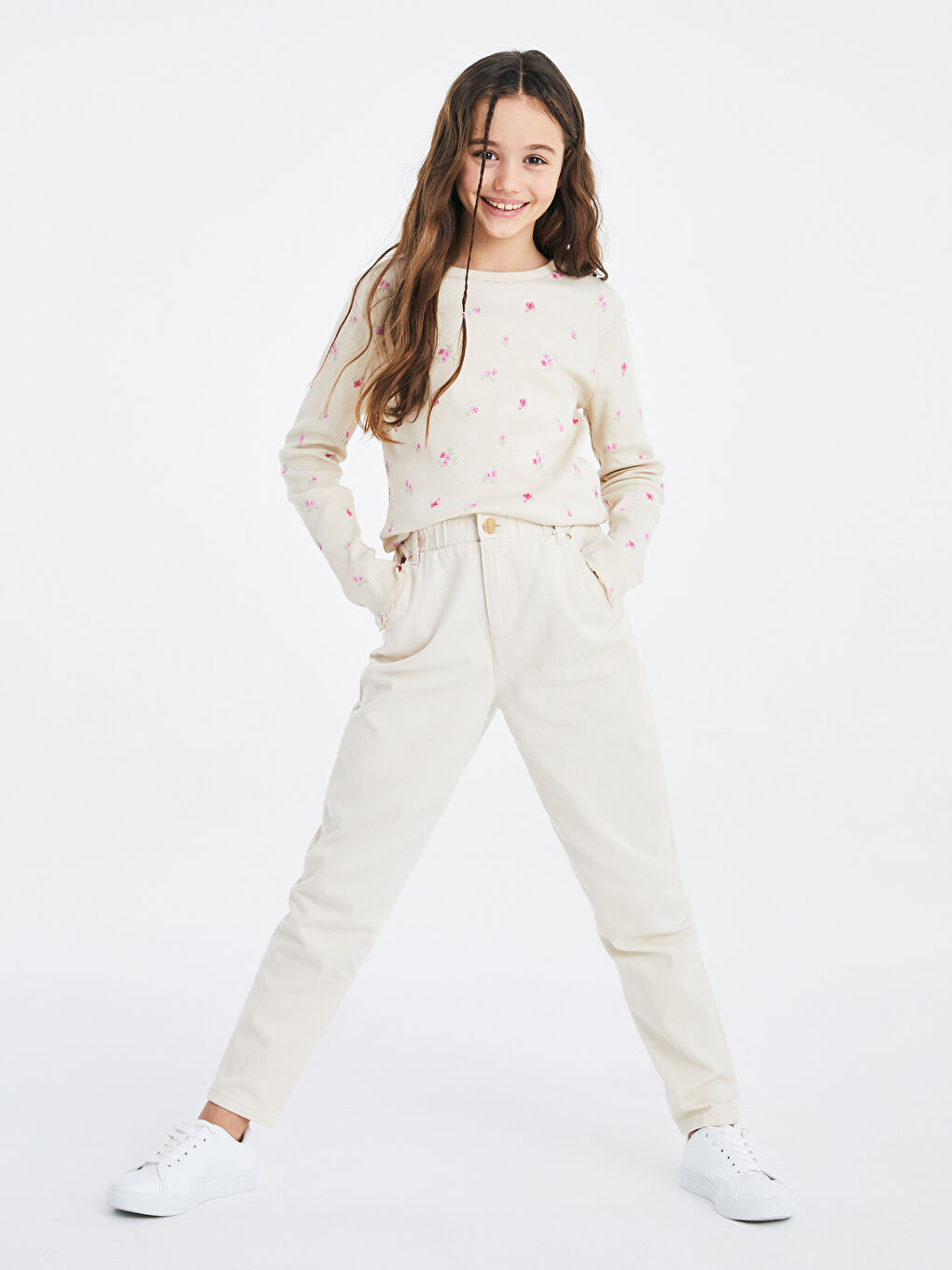 Elastic Waist Basic Cotton Girls' Trousers-1