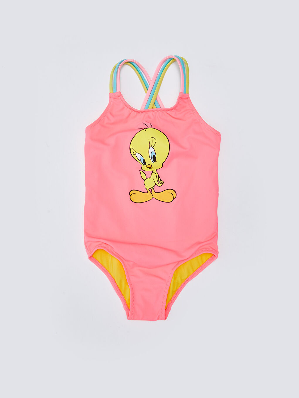 Pembe Esnek Kumaştan Tweety Baskılı Kız Çocuk Mayo