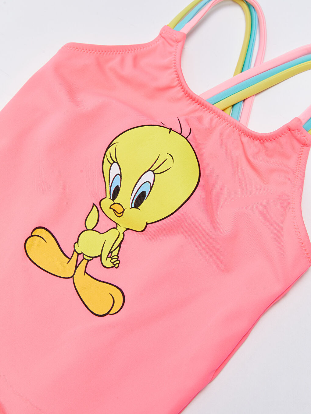 Pembe Esnek Kumaştan Tweety Baskılı Kız Çocuk Mayo-2