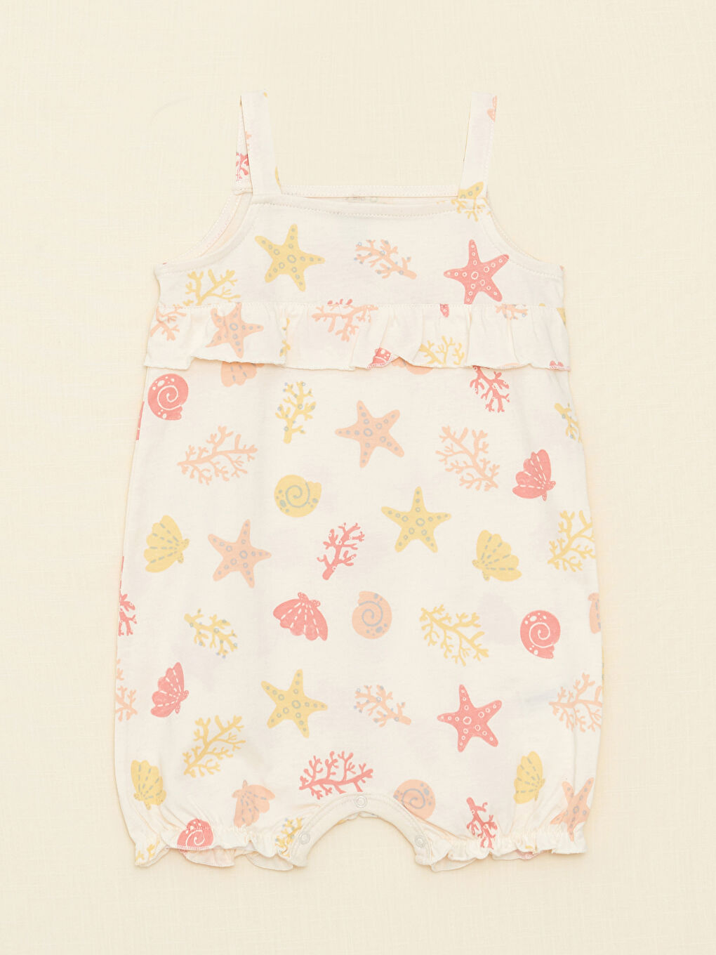 Ekru Kare Yaka Askılı Baskılı Kız Bebek Tulum