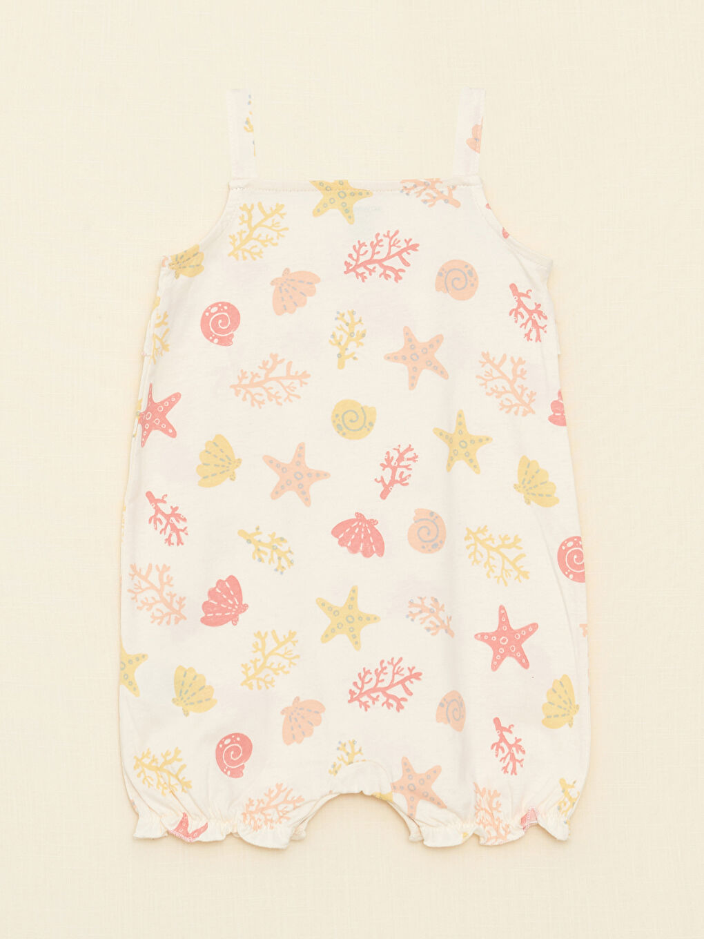 Ekru Kare Yaka Askılı Baskılı Kız Bebek Tulum-1