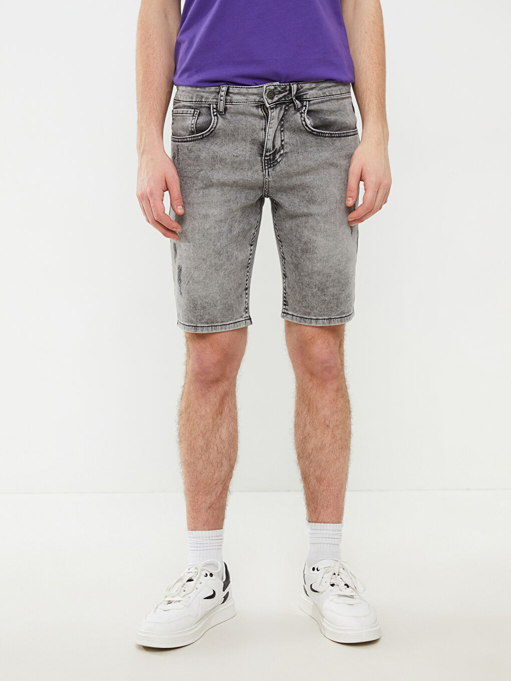 Gri Skinny Fit Erkek Jean Şort-2