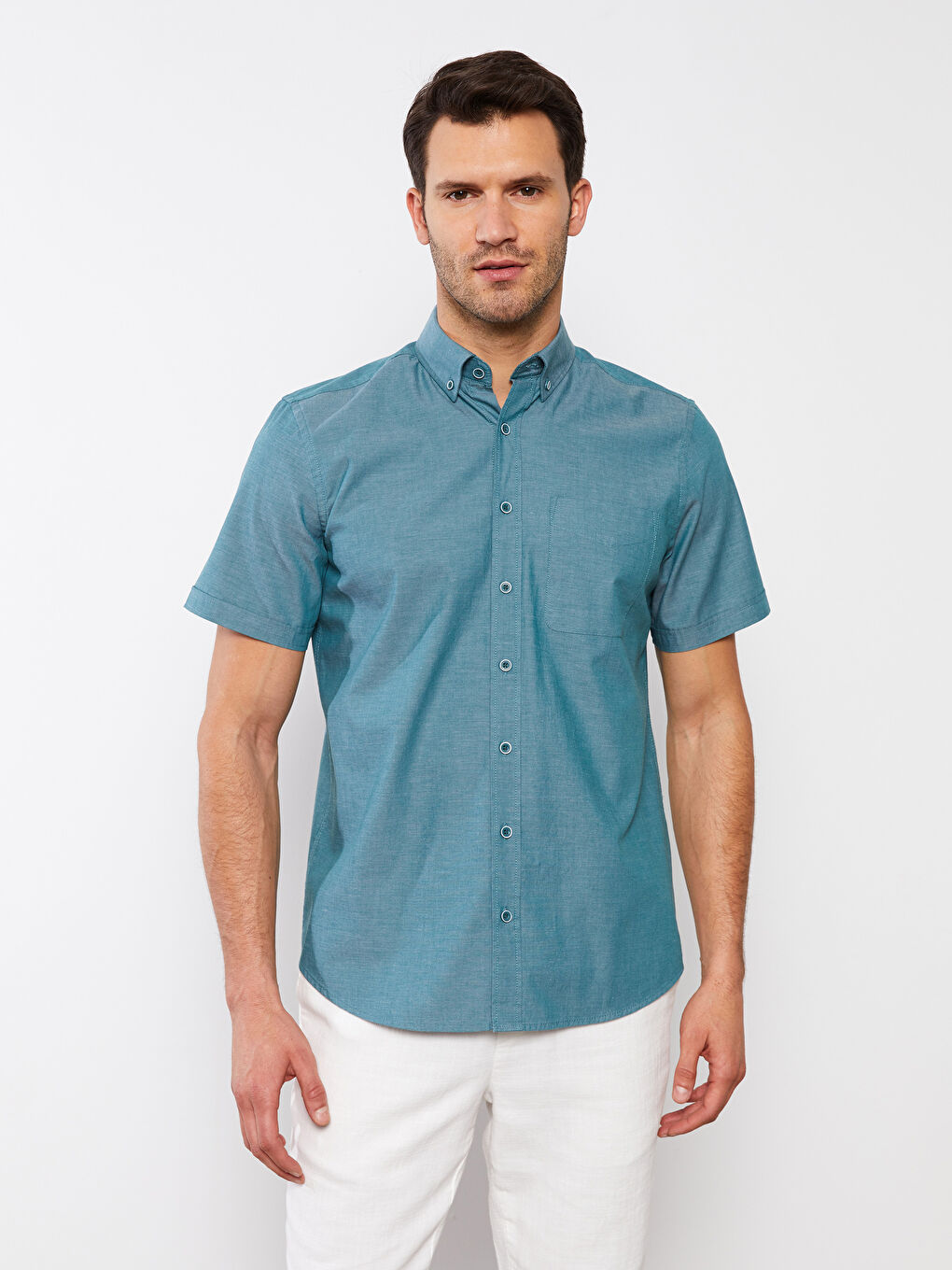 Yeşil Regular Fit Kısa Kollu Oxford Erkek Gömlek