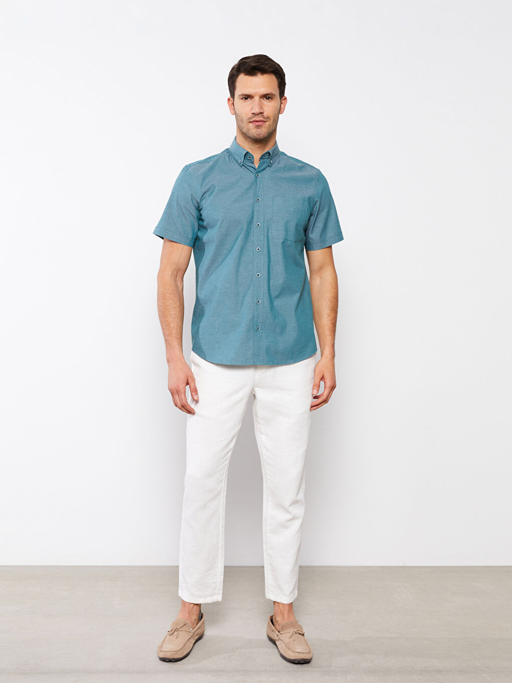 Yeşil Regular Fit Kısa Kollu Oxford Erkek Gömlek-1