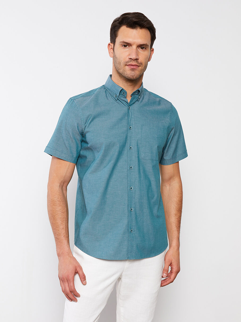 Yeşil Regular Fit Kısa Kollu Oxford Erkek Gömlek-2