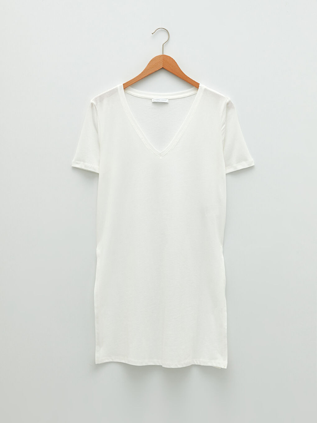 Ekru V Yaka Düz Kısa Kollu Kadın Tişört-6