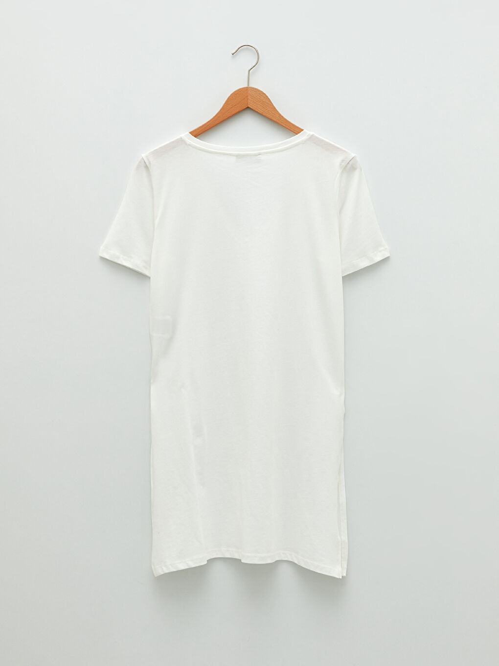 Ekru V Yaka Düz Kısa Kollu Kadın Tişört-7