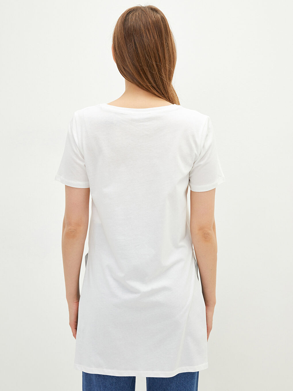 Ekru V Yaka Düz Kısa Kollu Kadın Tişört-5