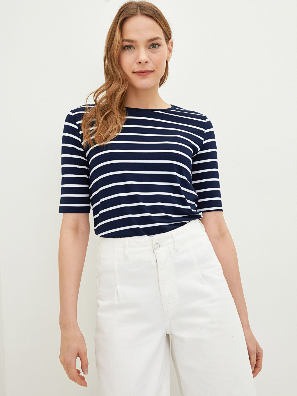 Lacivert Bisiklet Yaka Çizgili Kısa Kollu Kadın Tişört-2