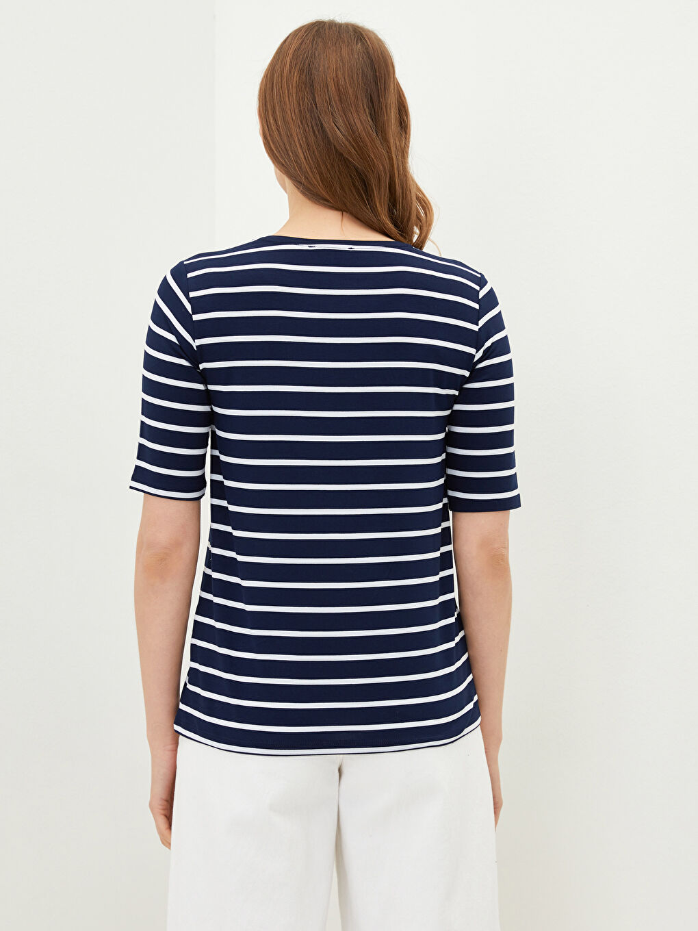 Lacivert Bisiklet Yaka Çizgili Kısa Kollu Kadın Tişört-3
