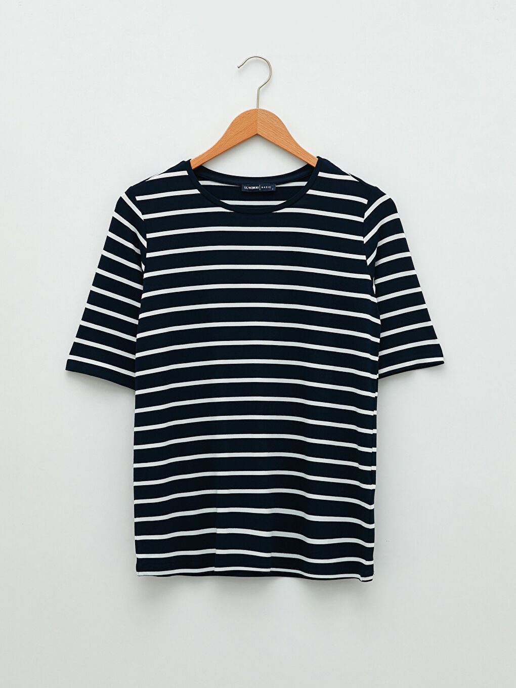 Lacivert Bisiklet Yaka Çizgili Kısa Kollu Kadın Tişört-4