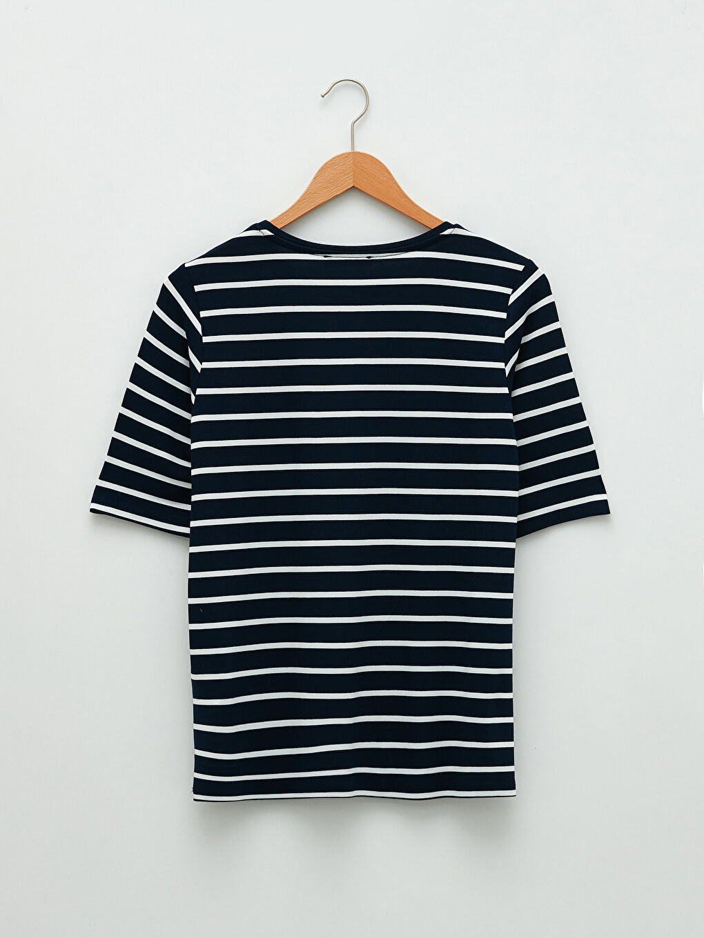 Lacivert Bisiklet Yaka Çizgili Kısa Kollu Kadın Tişört-5
