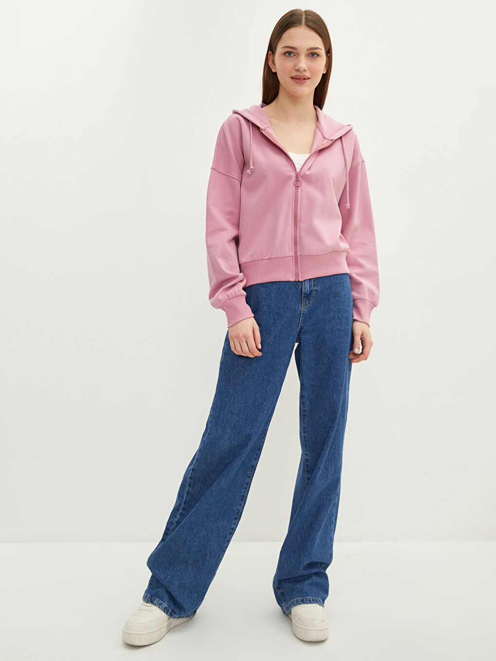 Pembe Kapüşonlu Düz Uzun Kollu Kadın Spor Hırka-1