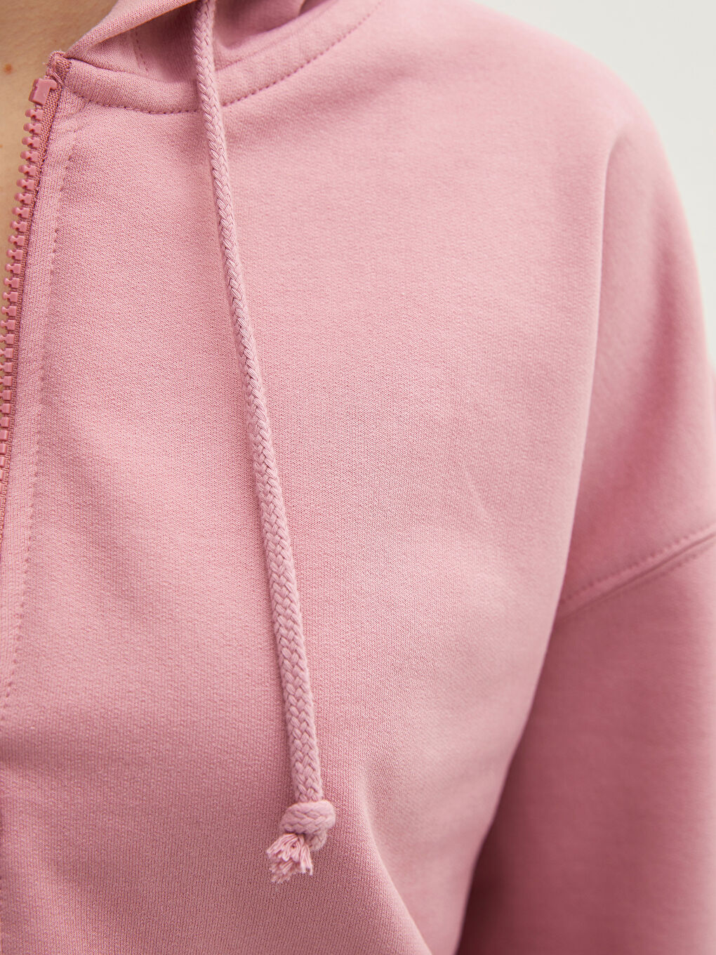 Pembe Kapüşonlu Düz Uzun Kollu Kadın Spor Hırka-2