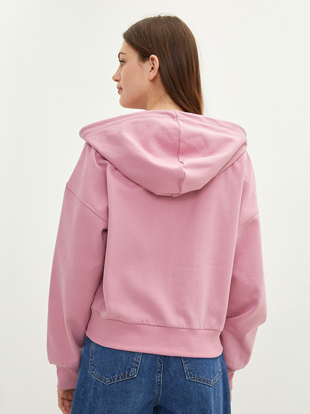 Pembe Kapüşonlu Düz Uzun Kollu Kadın Spor Hırka-3