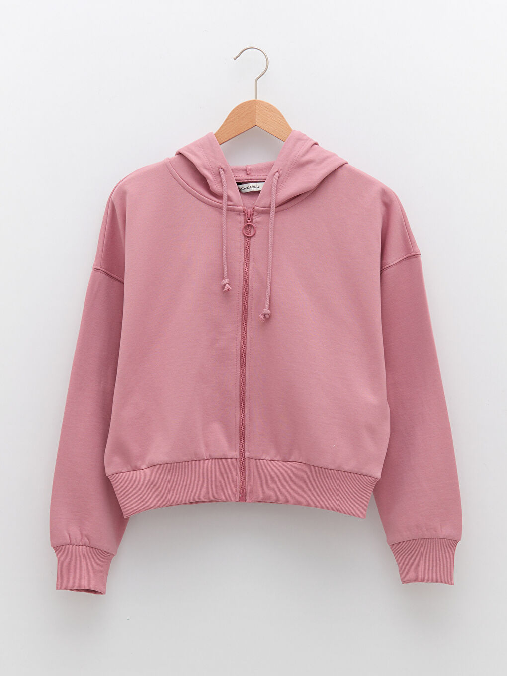 Pembe Kapüşonlu Düz Uzun Kollu Kadın Spor Hırka-4