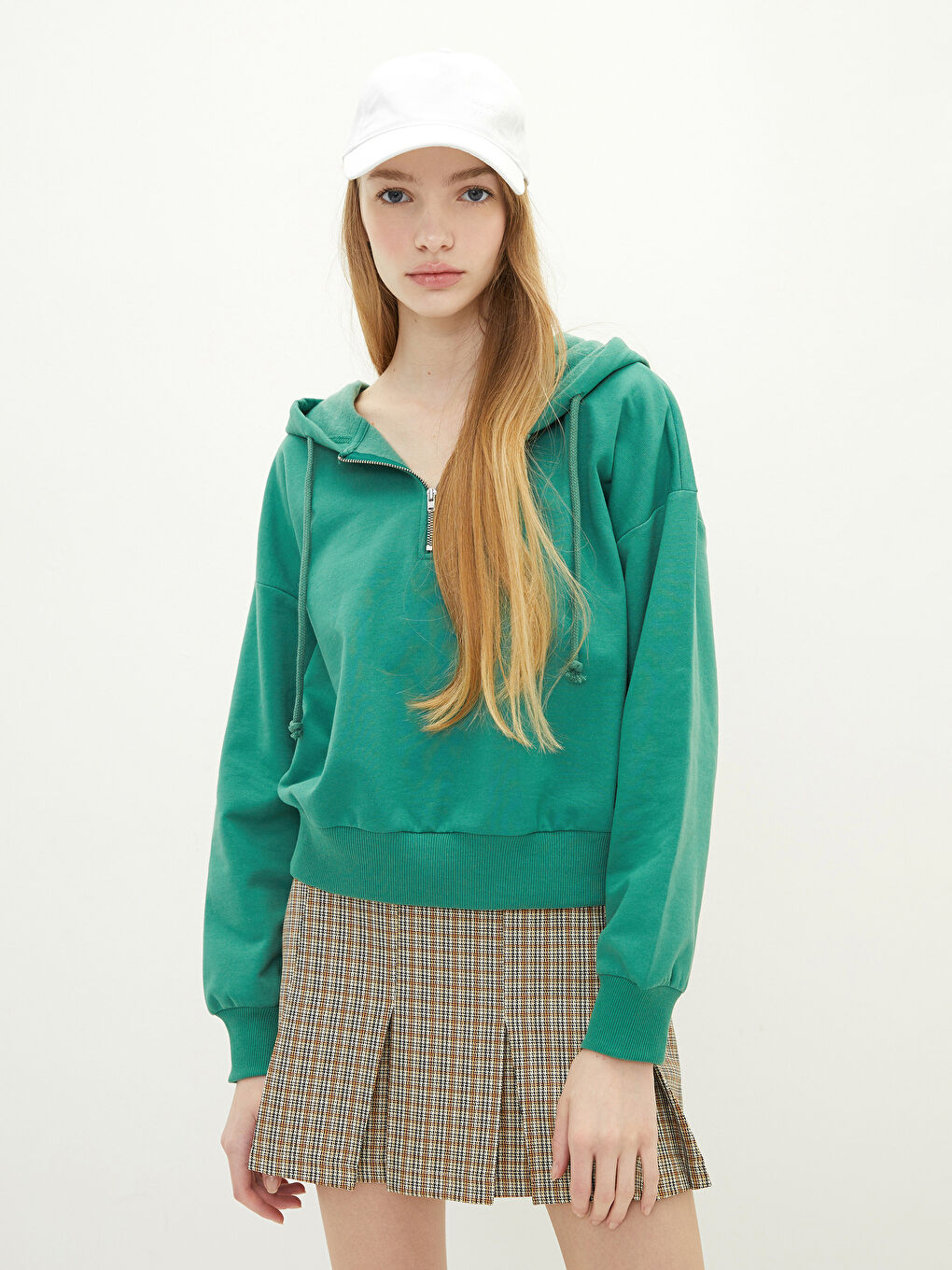 Yeşil Düz Uzun Kollu Kadın Hoodie