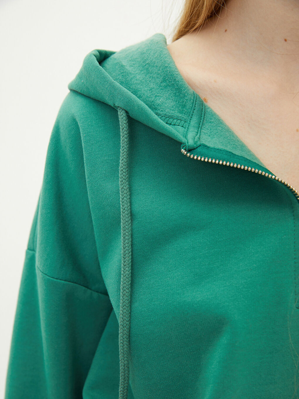Yeşil Düz Uzun Kollu Kadın Hoodie-3