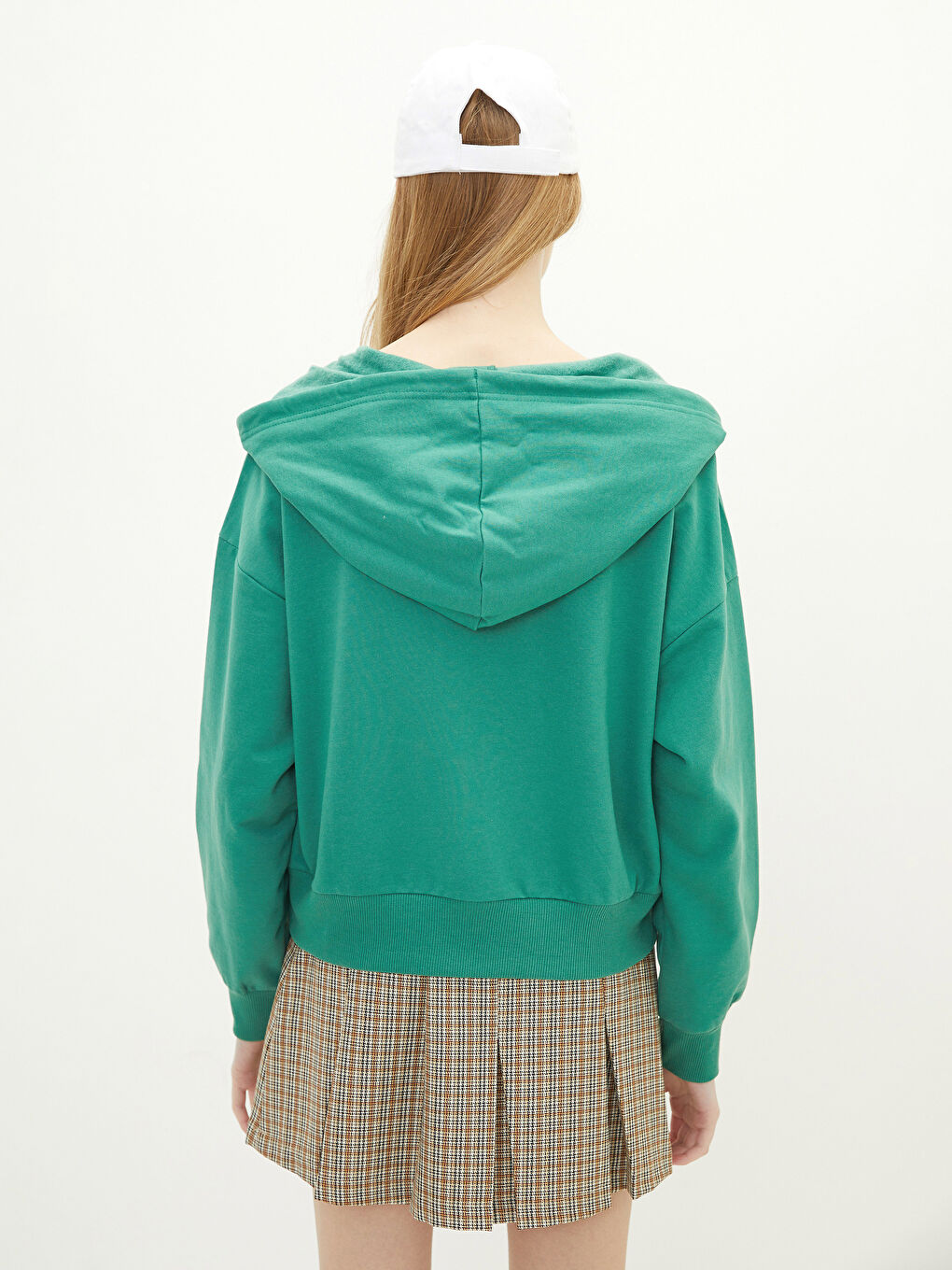 Yeşil Düz Uzun Kollu Kadın Hoodie-4