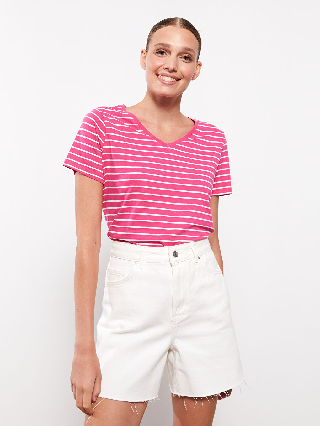 V-Neck Striped Short Sleeve Women's T-Shirt-2