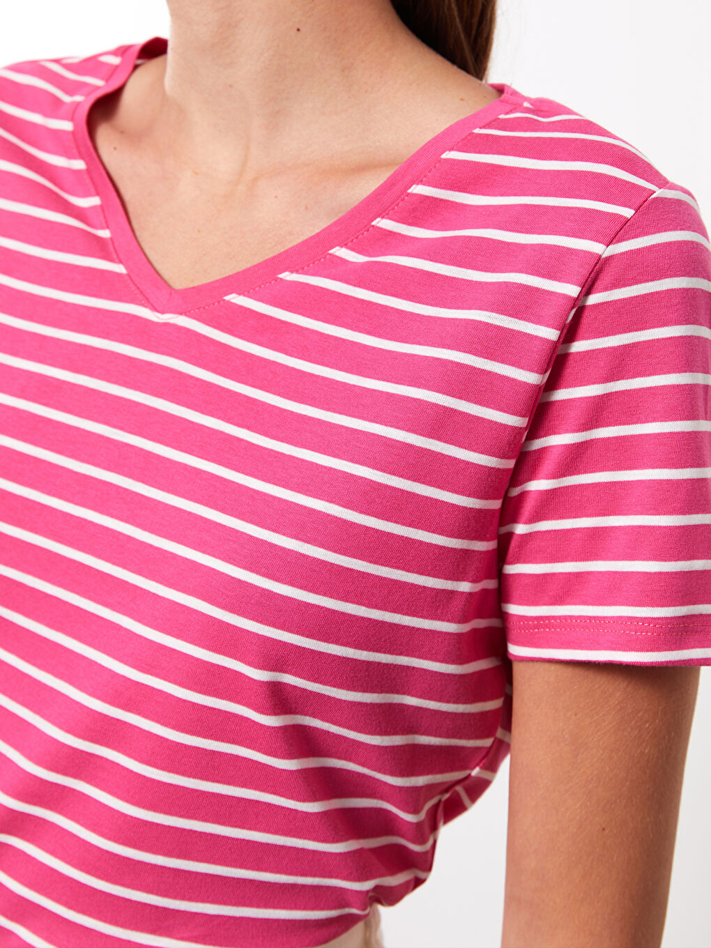 V-Neck Striped Short Sleeve Women's T-Shirt-3
