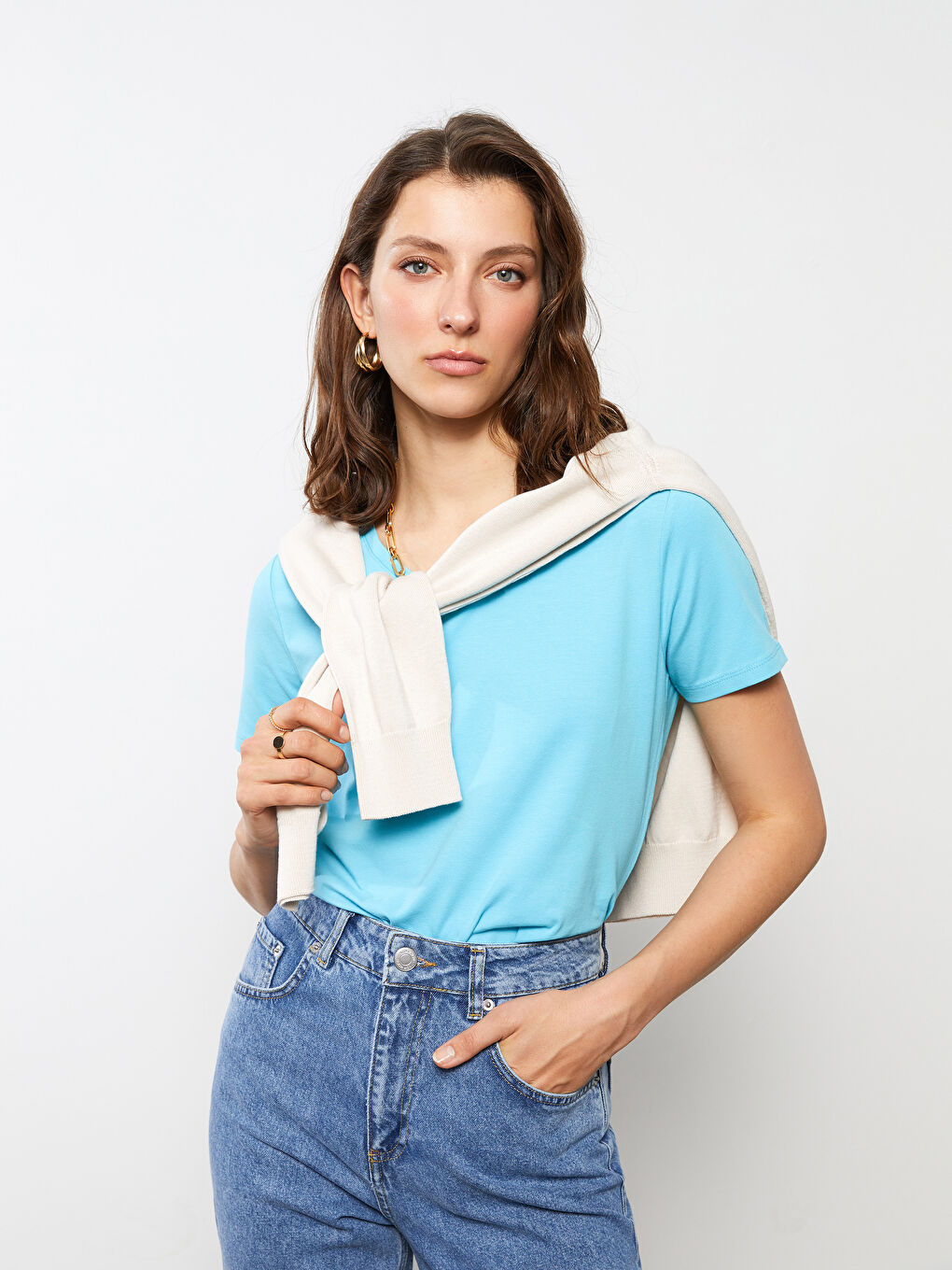 Turkuaz V Yaka Düz Kısa Kollu Kadın Tişört