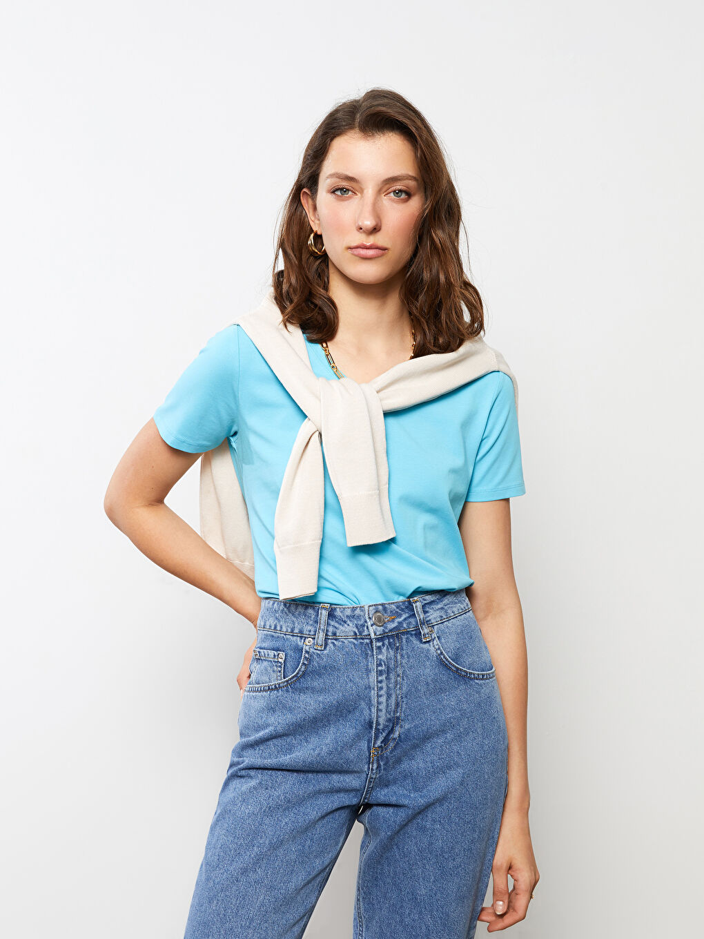 Turkuaz V Yaka Düz Kısa Kollu Kadın Tişört-2