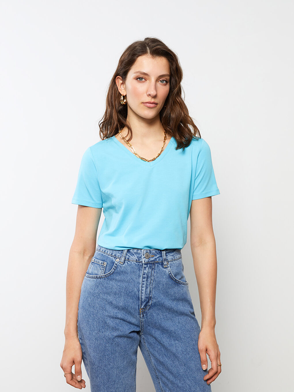 Turkuaz V Yaka Düz Kısa Kollu Kadın Tişört-3