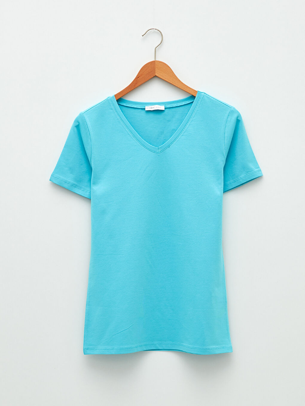 Turkuaz V Yaka Düz Kısa Kollu Kadın Tişört-7