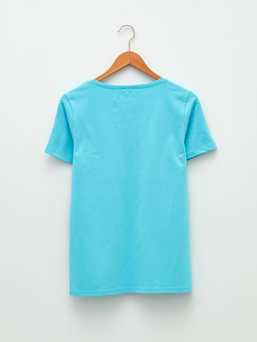 Turkuaz V Yaka Düz Kısa Kollu Kadın Tişört-9