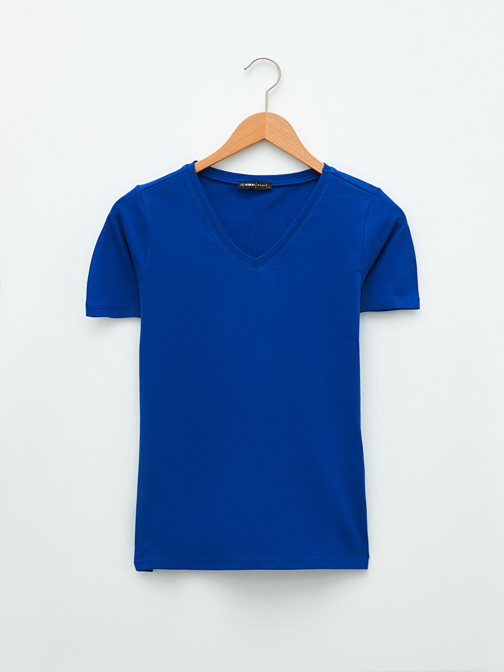 Mavi V Yaka Düz Kısa Kollu Kadın Tişört-5