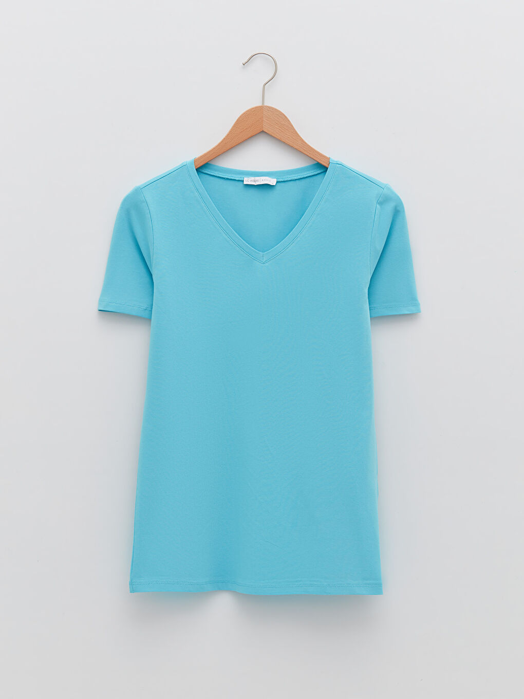 Turkuaz V Yaka Düz Kısa Kollu Kadın Tişört-6