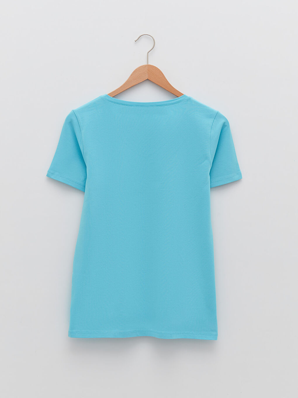Turkuaz V Yaka Düz Kısa Kollu Kadın Tişört-8