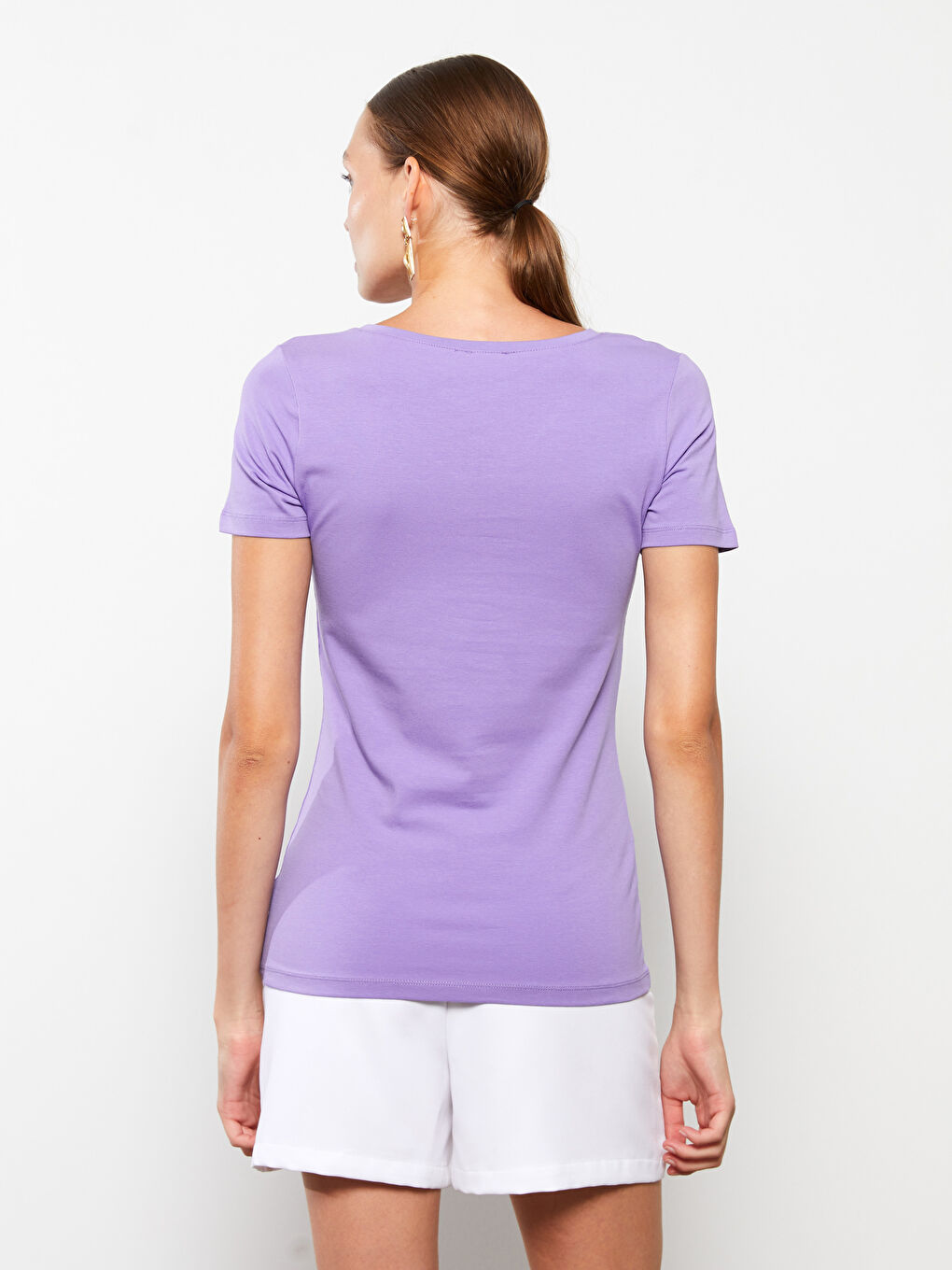Mor V Yaka Düz Kısa Kollu Kadın Tişört-4