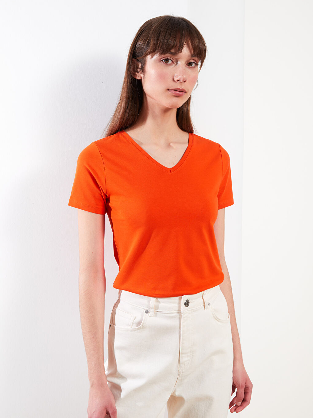 LC Waikiki V-Neck Plain Short Sleeve Women's T-Shirt -S29608Z8-GRM
