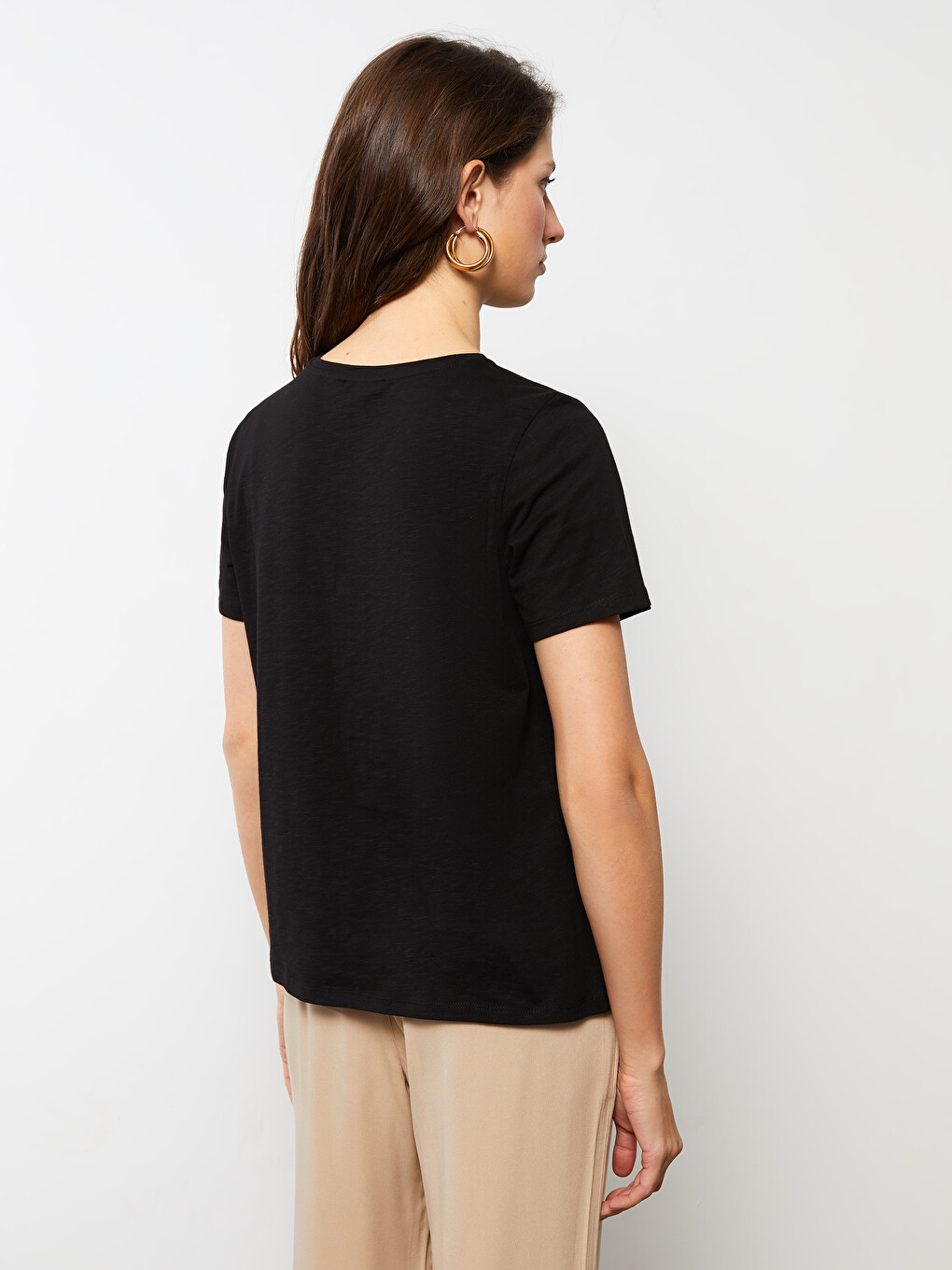 Κοντομάνικο T-Shirt Γυναικείο από Βαμβάκι με Στρογγυλή Λαιμόκοψη και Ίσια Γραμμή-4