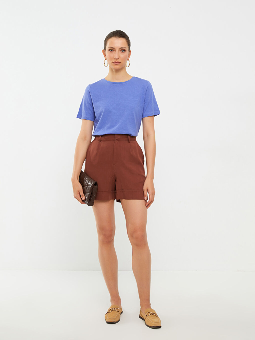 Mor Bisiklet Yaka Düz Kısa Kollu Pamuklu Kadın Tişört