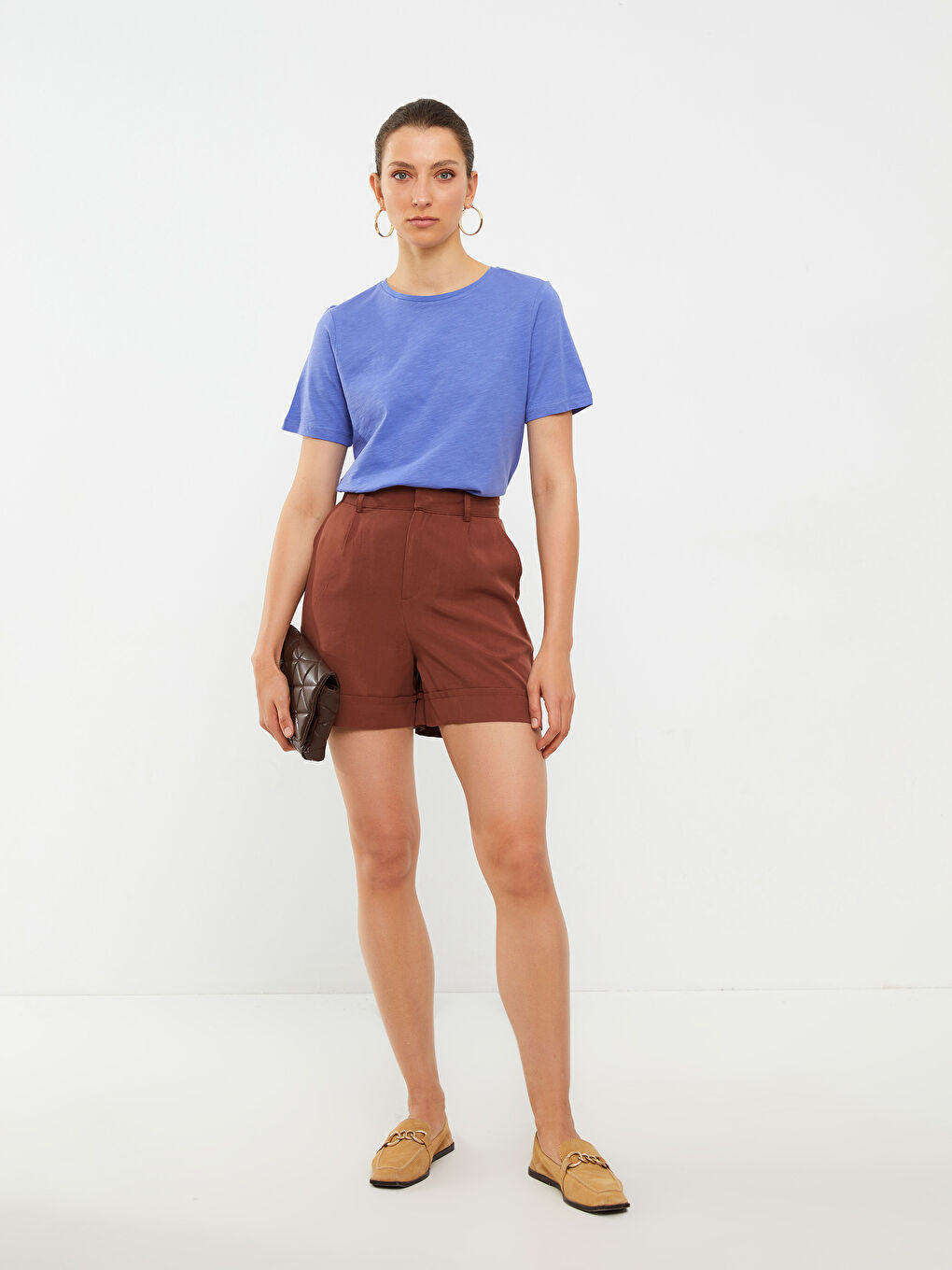 Mor Bisiklet Yaka Düz Kısa Kollu Pamuklu Kadın Tişört-1