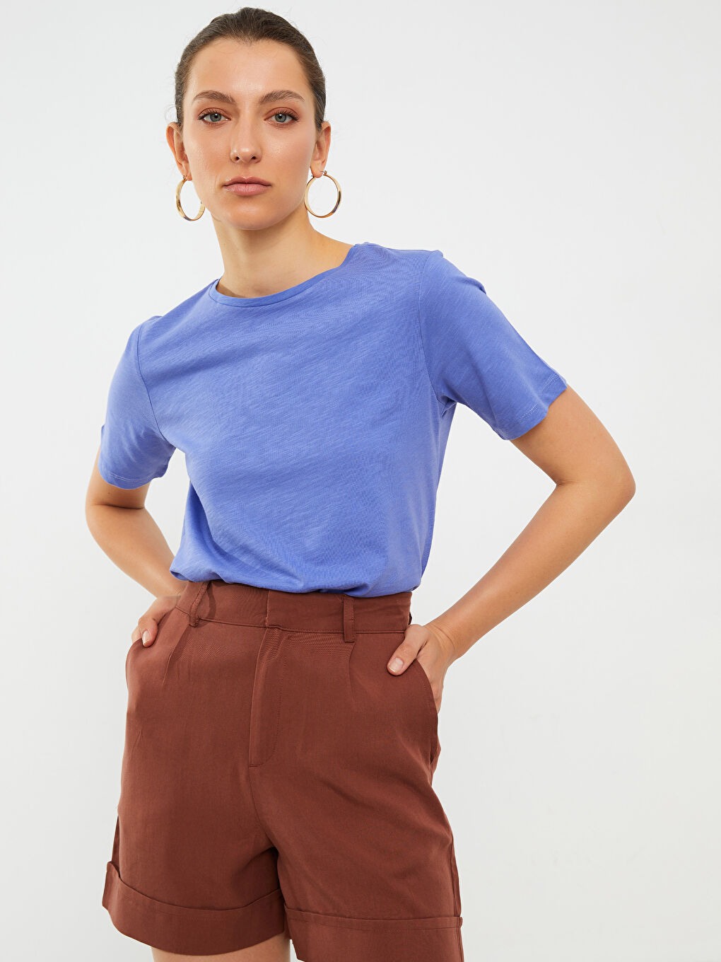 Mor Bisiklet Yaka Düz Kısa Kollu Pamuklu Kadın Tişört-2