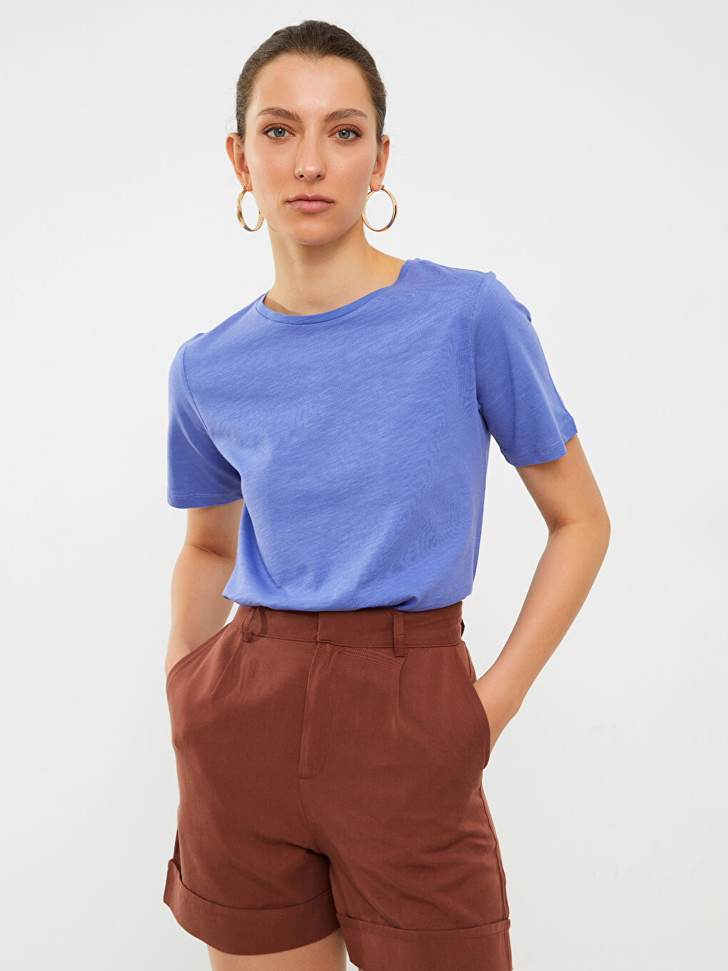 Mor Bisiklet Yaka Düz Kısa Kollu Pamuklu Kadın Tişört-3