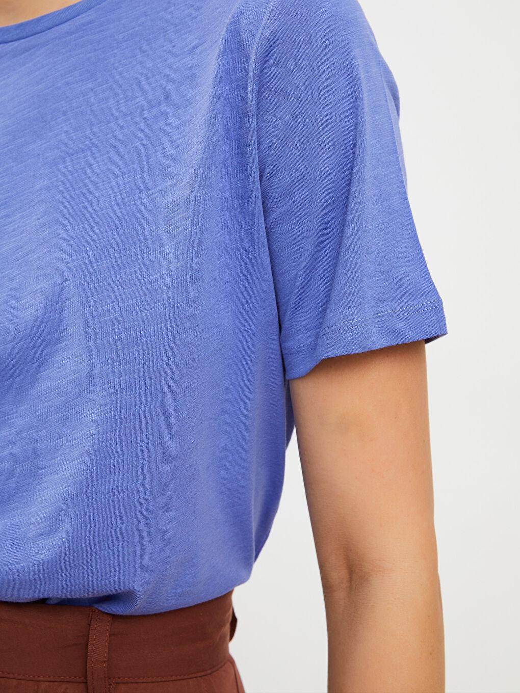 Mor Bisiklet Yaka Düz Kısa Kollu Pamuklu Kadın Tişört-4