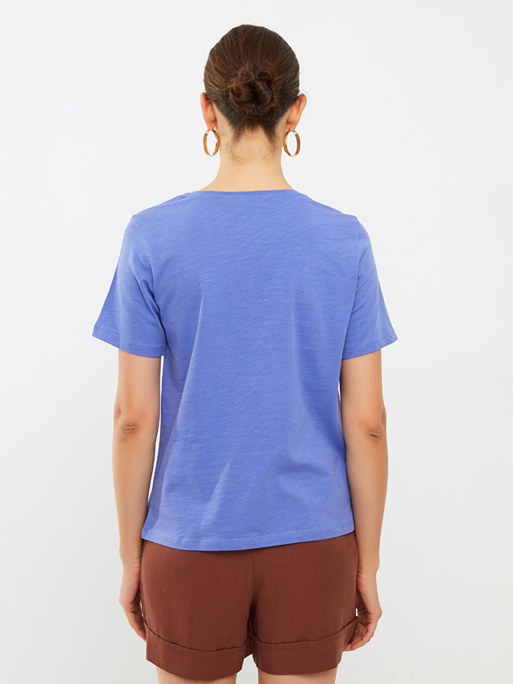 Mor Bisiklet Yaka Düz Kısa Kollu Pamuklu Kadın Tişört-5