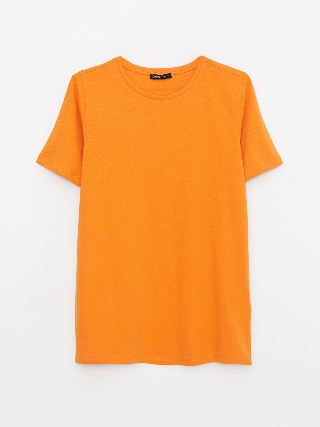 Turuncu Bisiklet Yaka Düz Kısa Kollu Pamuklu Kadın Tişört-5