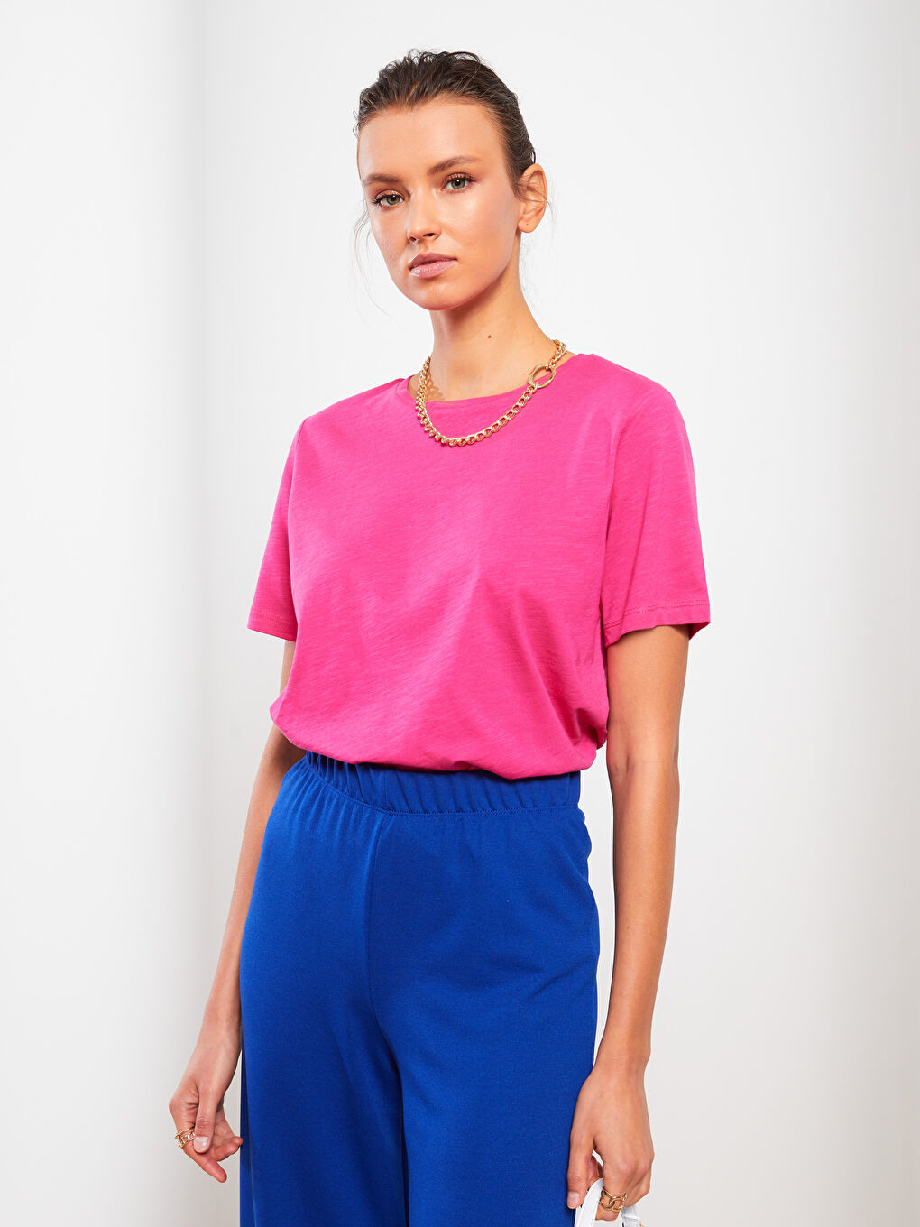 Fuşya Bisiklet Yaka Düz Kısa Kollu Pamuklu Kadın Tişört-2