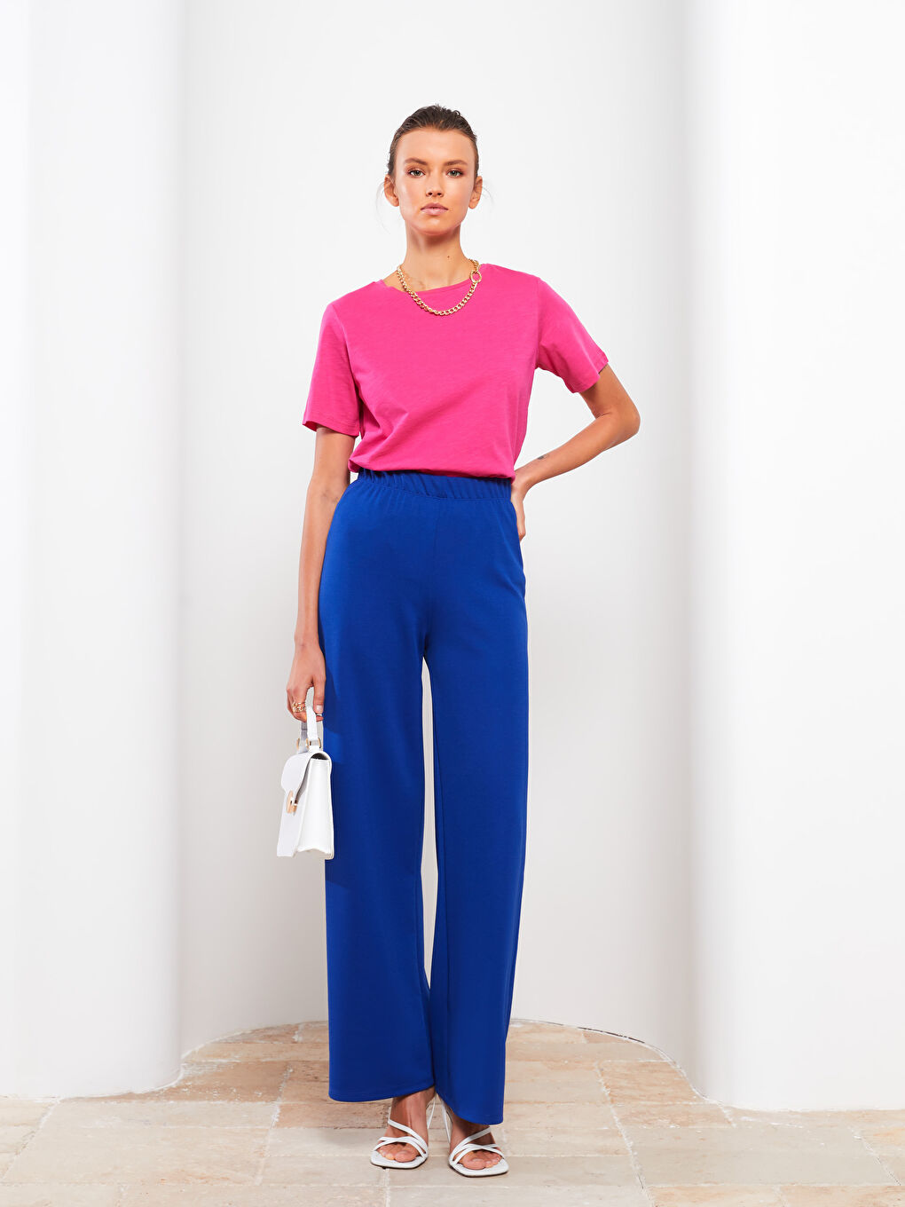 Fuşya Bisiklet Yaka Düz Kısa Kollu Pamuklu Kadın Tişört-3